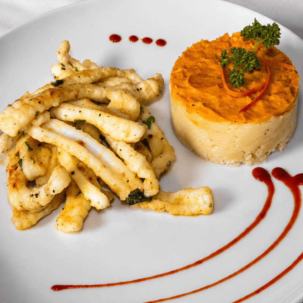 Calamar sauter à l’aile avec purée de pomme de terre