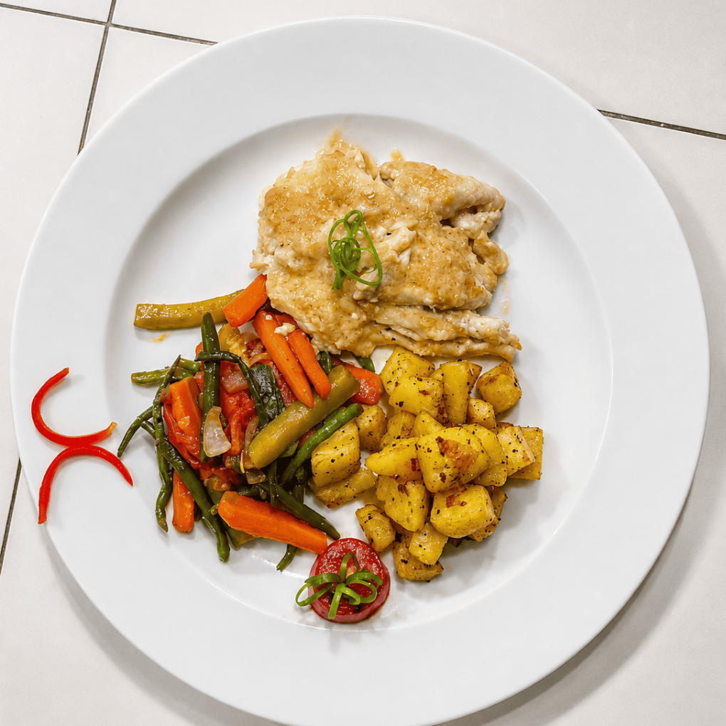 Filet de cabillaud sauce meunière demi légumes sauté et demi paumé sauté